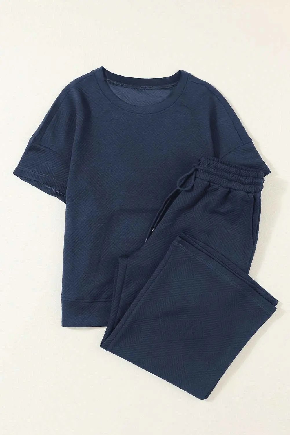 Navy Blue Textured Loose Fit T Shirt and Drawstring Pants Set - Love Salve